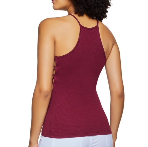 Burgundy high neck ribbed halter side cutout tank - Picture 2 of 2